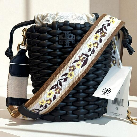 Tory Burch Emerson Woven Mini Bucket Bag Black With Gold Hardware - Picture 9 of 13